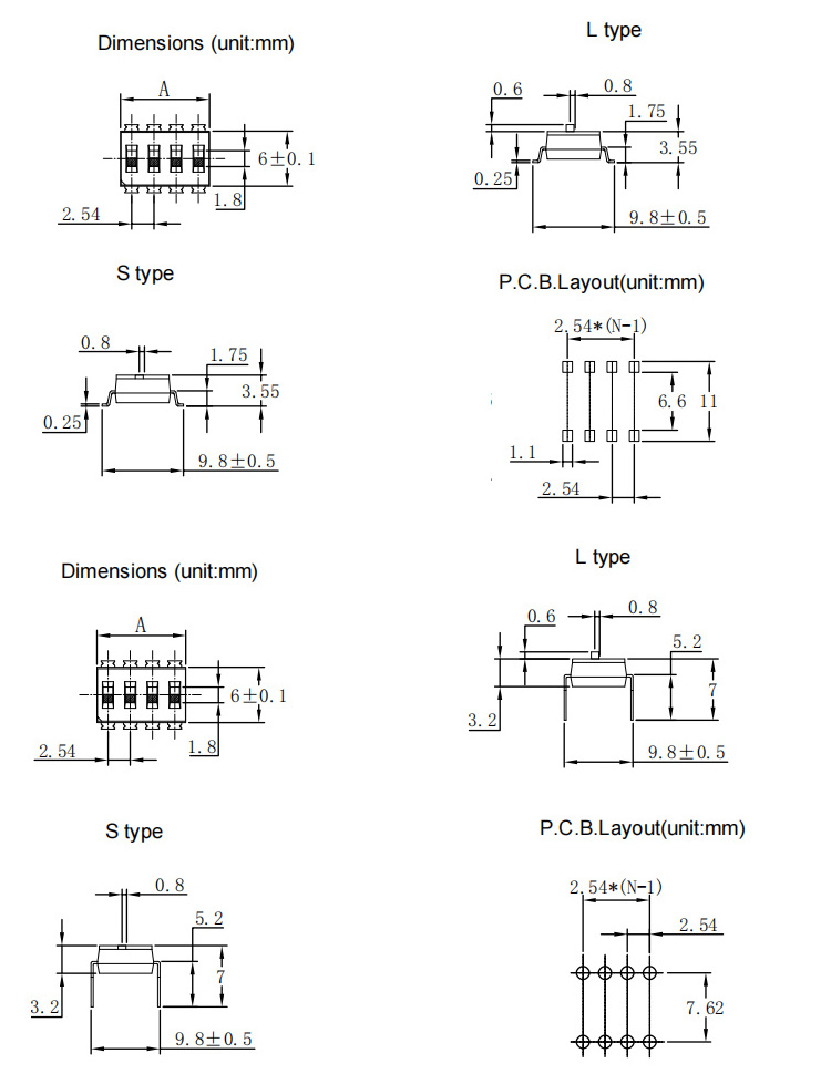 2.54mm pitch 2P 6P 8P 10P 12P SMT SMD Type Slide Dip Switch