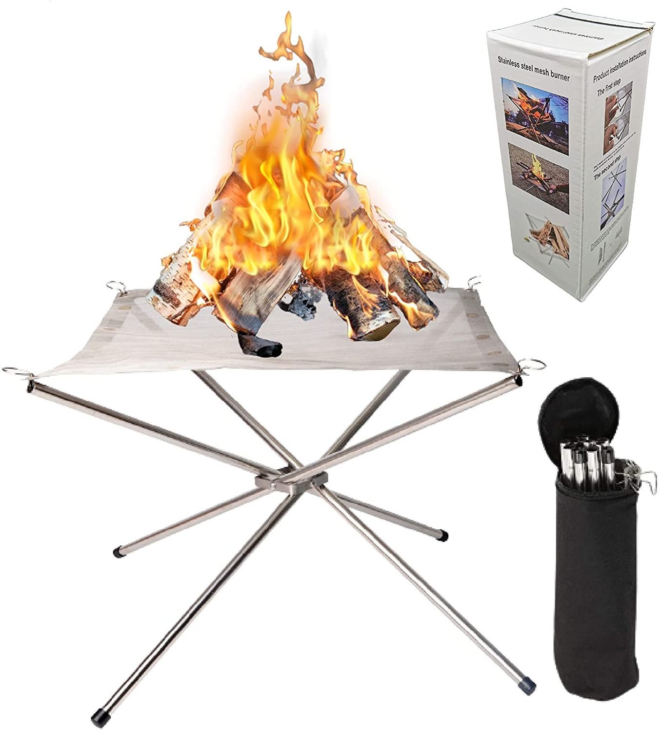 Outdoor Stainless Steel Metal Mesh Fire Wood Holder Burning Stand Portable Fire Pit for Backyard Camping