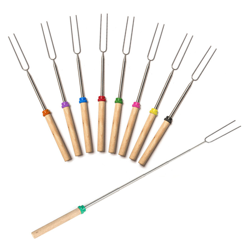 Wooden Handle Extendable Forks Bbq Fork Telescoping Skewers Marshmallow Roasting Sticks for Campfire Firepit and Sausage BBQ