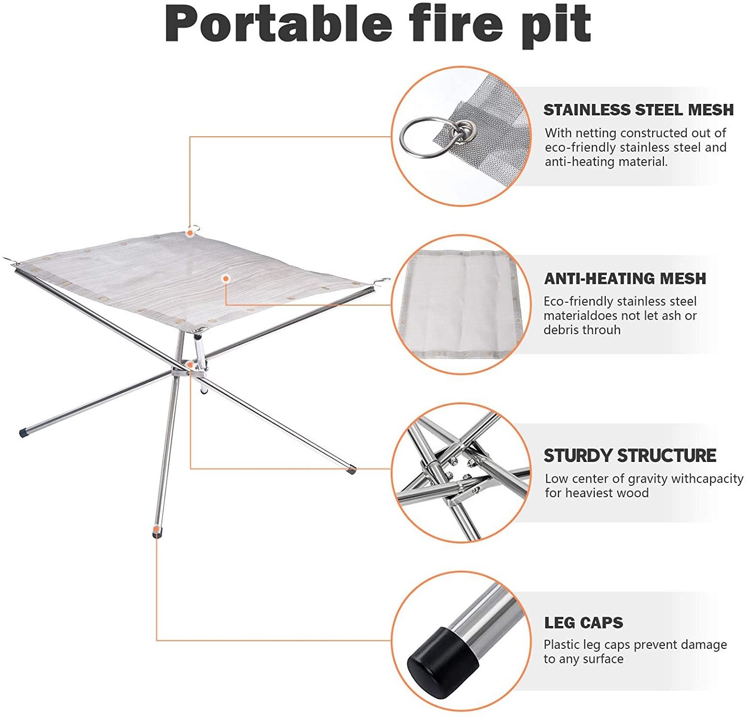 Outdoor Stainless Steel Metal Mesh Fire Wood Holder Burning Stand Portable Fire Pit for Backyard Camping