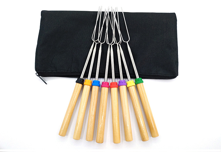 Wooden Handle Extendable Forks Bbq Fork Telescoping Skewers Marshmallow Roasting Sticks for Campfire Firepit and Sausage BBQ