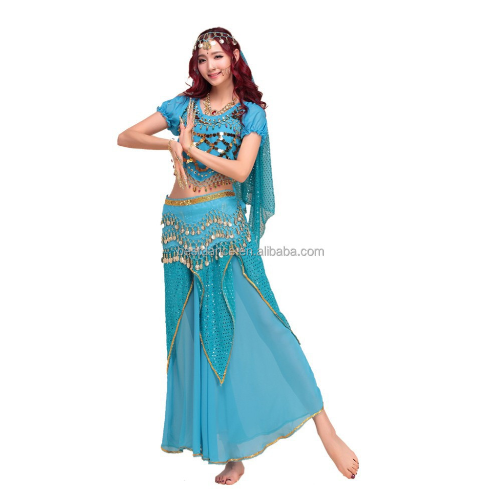 BestDance Belly Dance Costume Set Indian Dance Shiny Bells Top Highlights Skirt