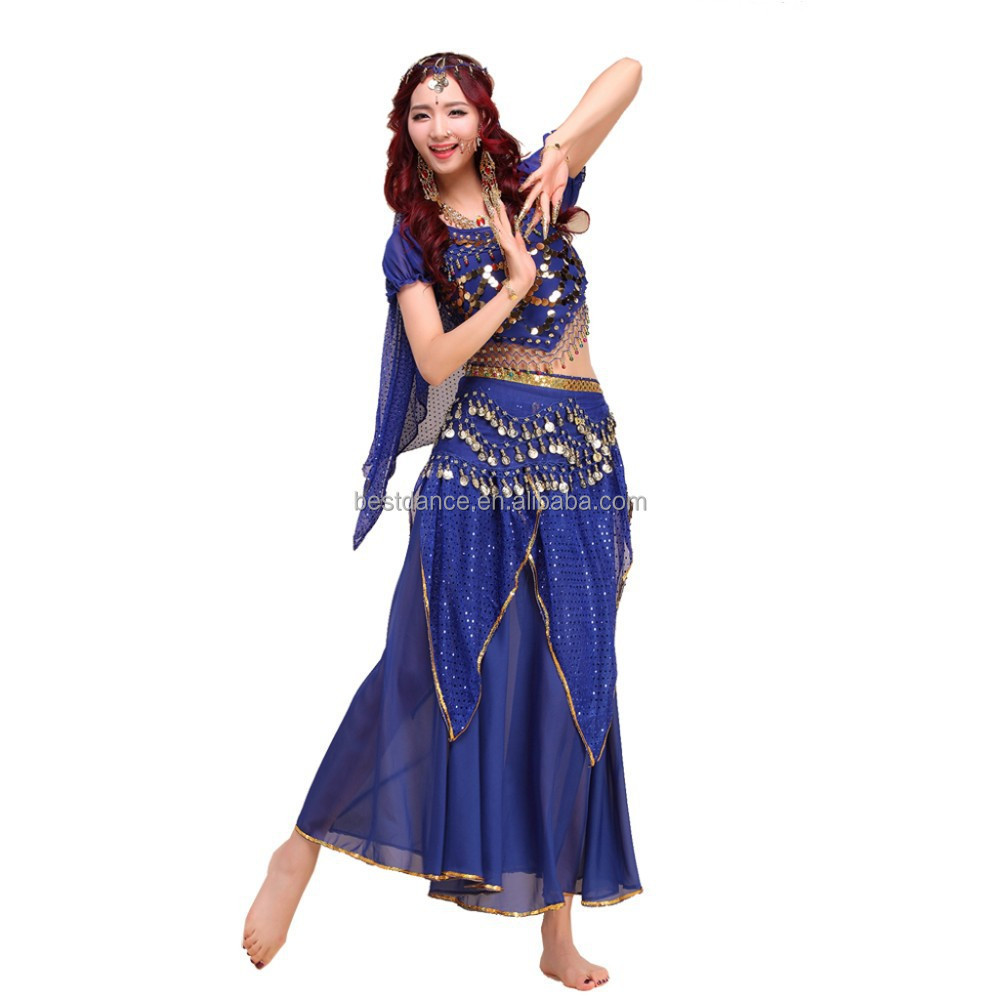 BestDance Belly Dance Costume Set Indian Dance Shiny Bells Top Highlights Skirt