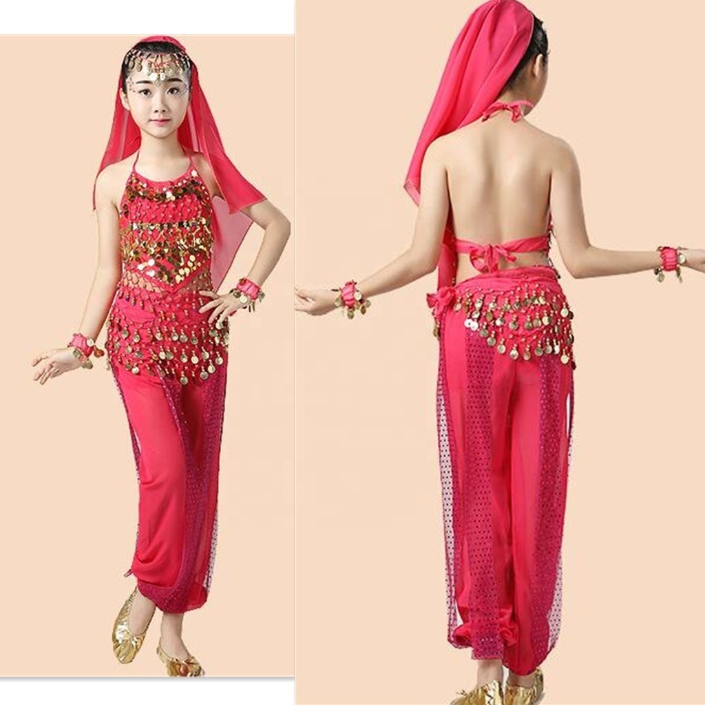 Bestdance Kids Girls Belly Dance Top Pants Bracelet Scarf Belt Bollywood Dancing Costume