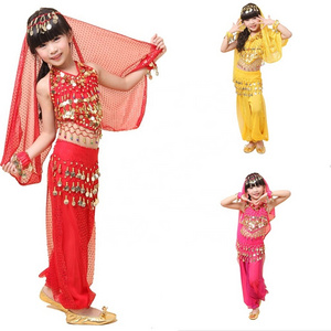 Bestdance Kids Girls Belly Dance Top Pants Bracelet Scarf Belt Bollywood Dancing Costume