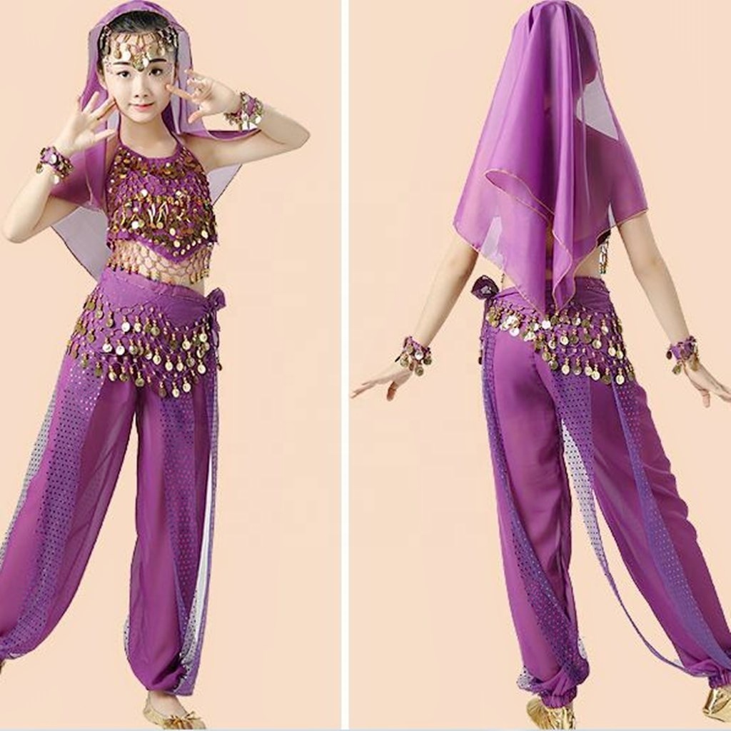 Bestdance Kids Girls Belly Dance Top Pants Bracelet Scarf Belt Bollywood Dancing Costume