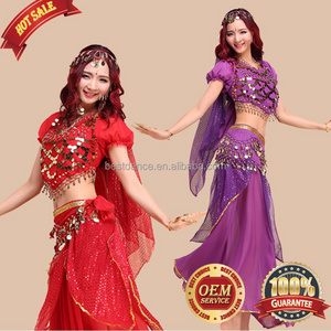 BestDance Belly Dance Costume Set Indian Dance Shiny Bells Top Highlights Skirt