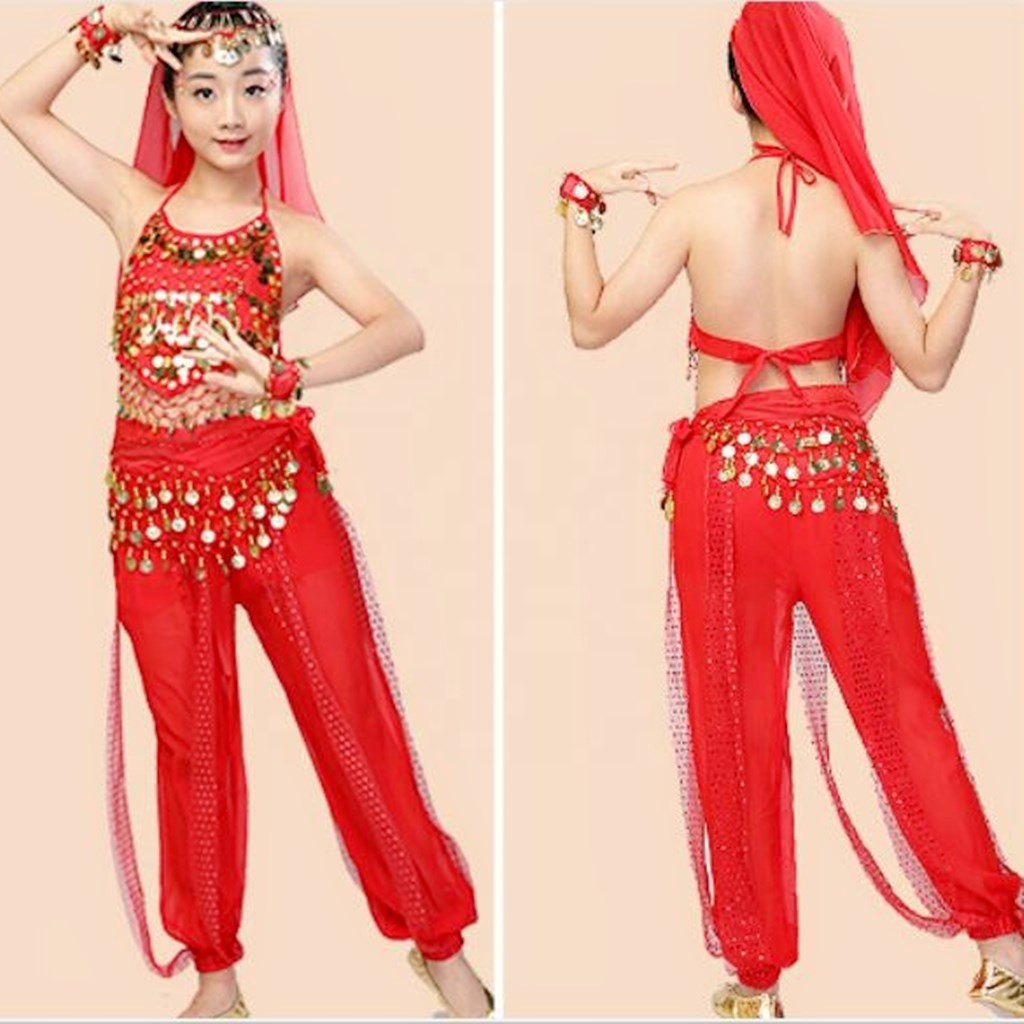 Bestdance Kids Girls Belly Dance Top Pants Bracelet Scarf Belt Bollywood Dancing Costume