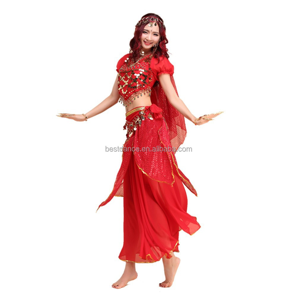 BestDance Belly Dance Costume Set Indian Dance Shiny Bells Top Highlights Skirt