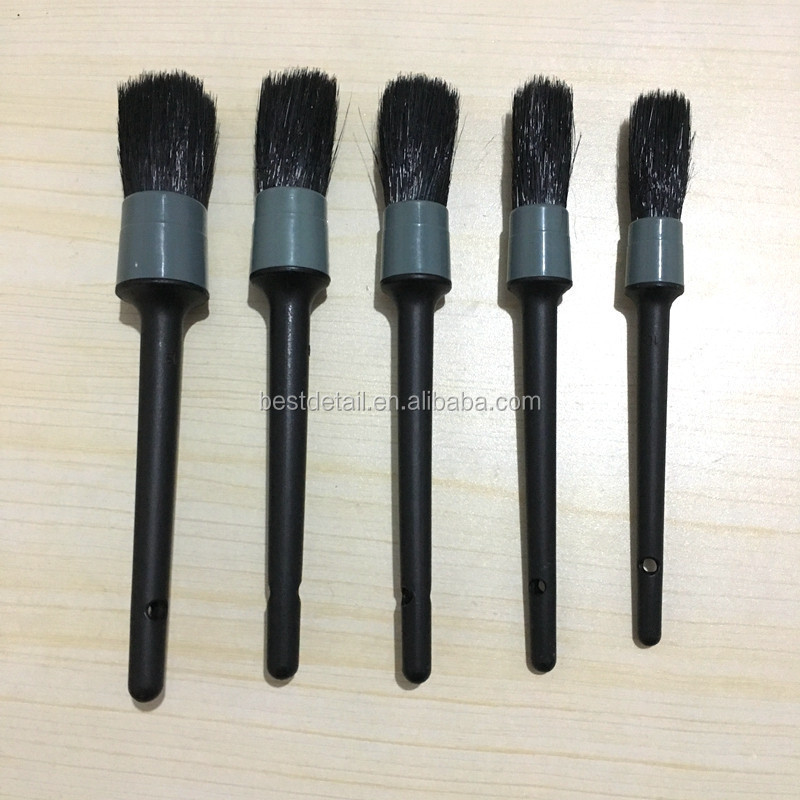 5-Set Car Wash Cleaning Black Grey Boar Hair Auto Detailing Car Brush for Interior Leather Trim Wheels