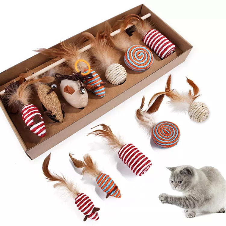 High Quality Pack Set Bulk Feather Mouse Teaser scratcher Stick Cat Toy Pet Interactive Toys