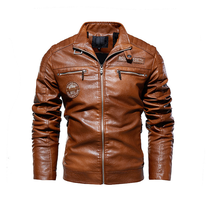 Mens Leather Jacket With Embroidered Labels Waterproof Retro Windbreaker Sports Fashion Autumn Winter Motorcycle Jacket