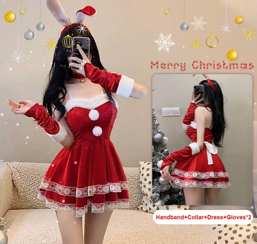 New Christmas Cosplay Costume Lady Santa Claus Velvet Dress Sexy Lingerie Bunny Girls Uniform Lolita Rabbit Kawaii Maid Outfits