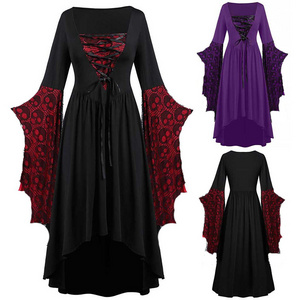 Halloween Costumes for Women Plus Size Gothic Vintage Dress Skull Lace Bell Sleeve Sexy Lace Up Vampire Ghost Bride Cosplay