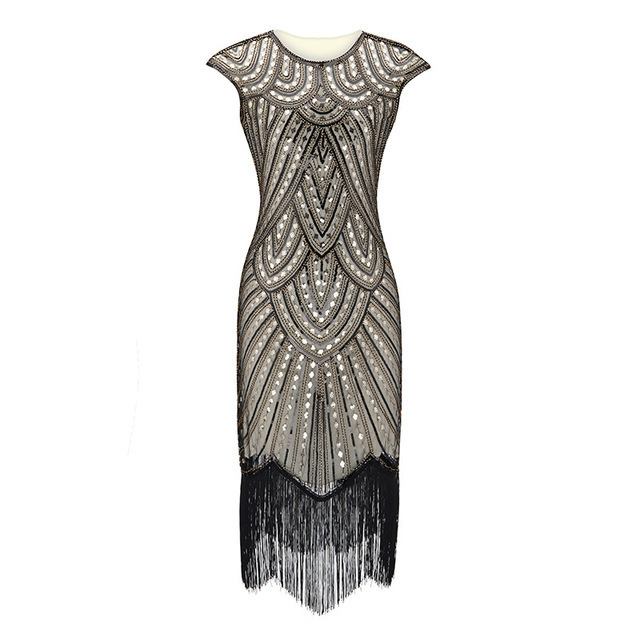 1920s Sequin Beaded Tassels Hem Flapper Dress Sleeveless Gold Thread Embroidery Fringe Great Gatsby Party Dress