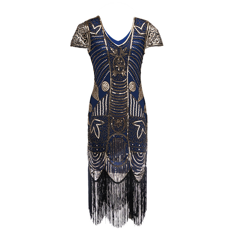 1920s Sequin Beaded Tassels Hem Flapper Dress Sleeveless Gold Thread Embroidery Fringe Great Gatsby Party Dress