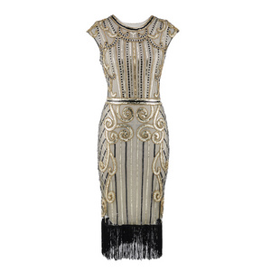 1920s Sequin Beaded Tassels Hem Flapper Dress Sleeveless Gold Thread Embroidery Fringe Great Gatsby Party Dress