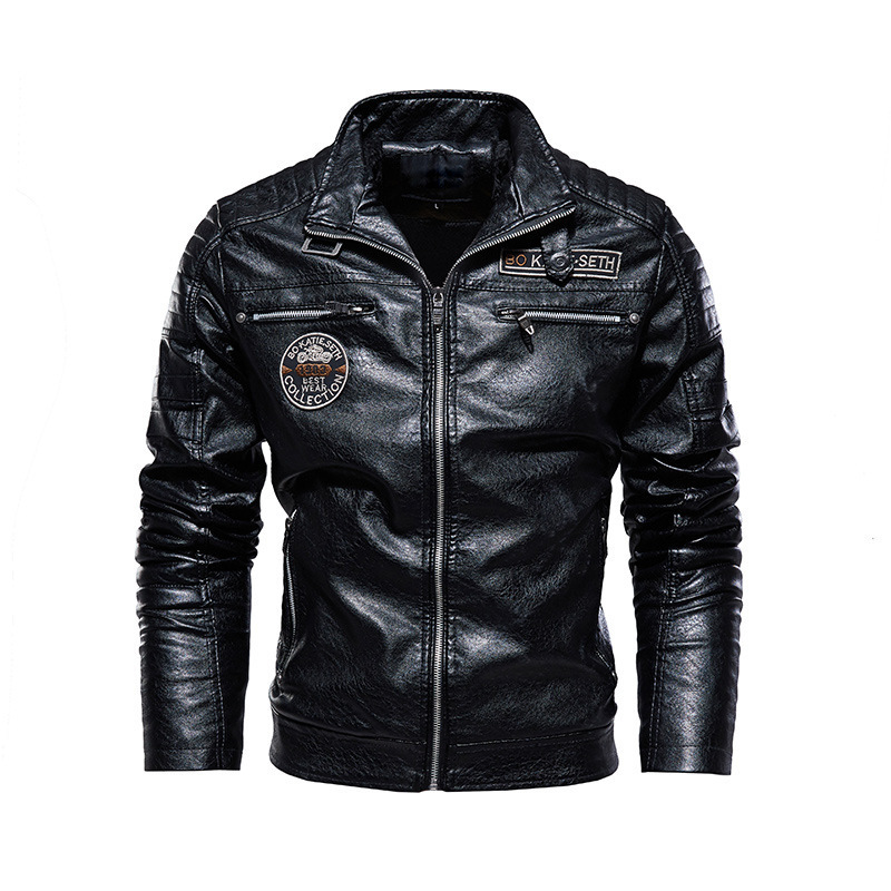 Mens Leather Jacket With Embroidered Labels Waterproof Retro Windbreaker Sports Fashion Autumn Winter Motorcycle Jacket