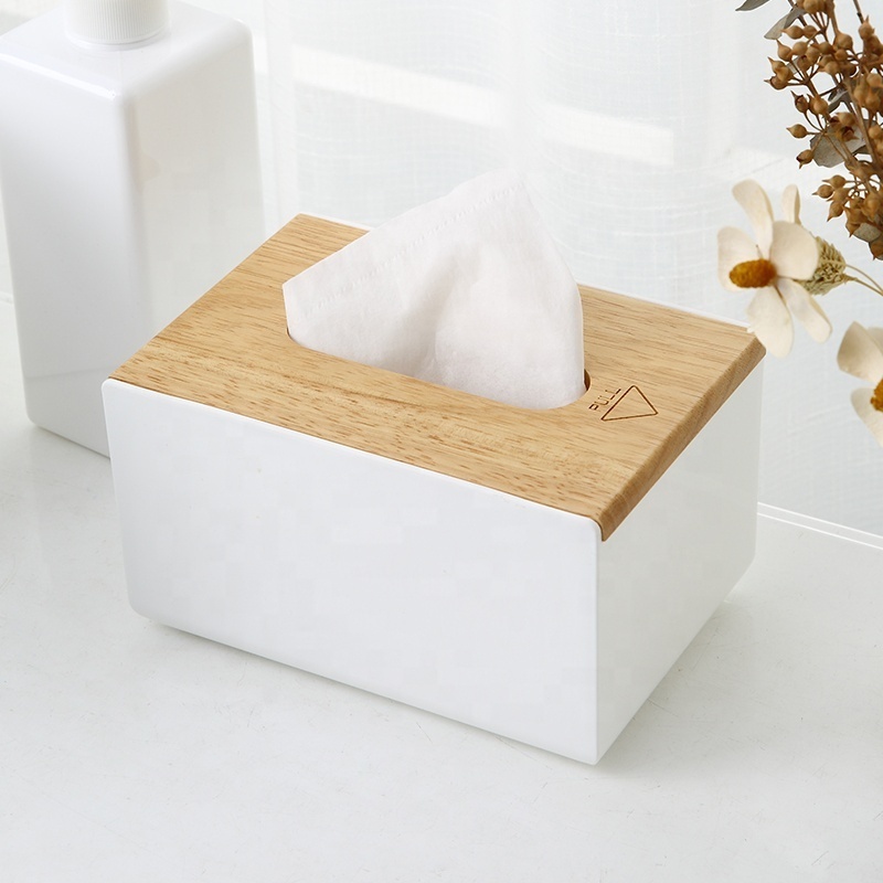 Facial tissue dispenser holder wooden rectangular removable household plastic tissue box with bamboo cover