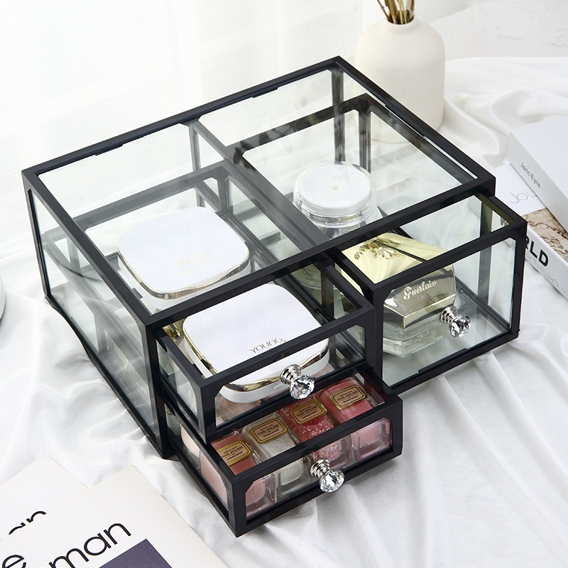 Dresser stackable dustproof cosmetic and jewelry storage box clear glass makeup drawers storage organizer with diamond knob