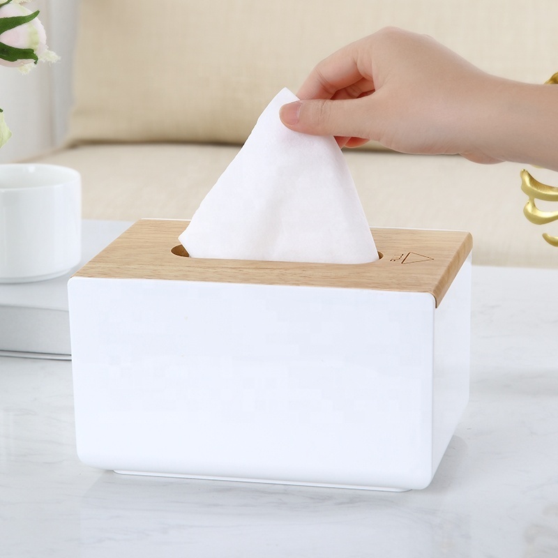 Facial tissue dispenser holder wooden rectangular removable household plastic tissue box with bamboo cover