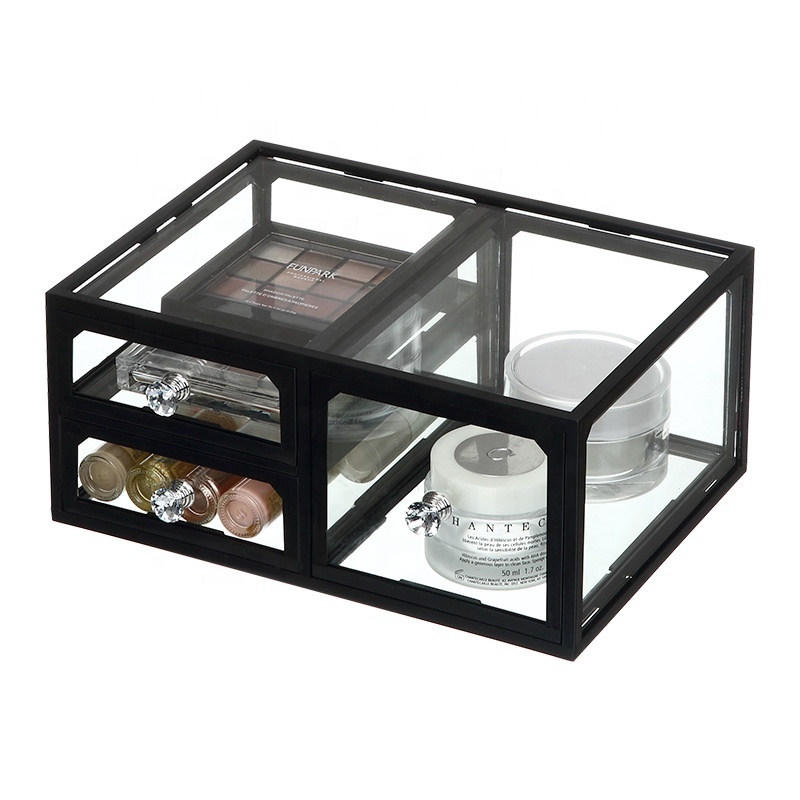 Dresser stackable dustproof cosmetic and jewelry storage box clear glass makeup drawers storage organizer with diamond knob