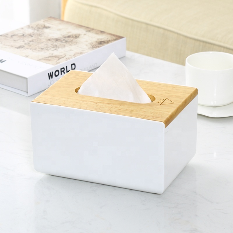 Facial tissue dispenser holder wooden rectangular removable household plastic tissue box with bamboo cover