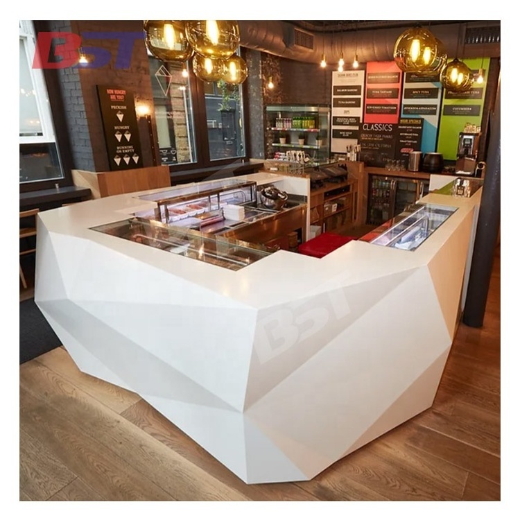 Commercial bespoke diamond shape solid surface salad bar display counter juice sushi bar counter