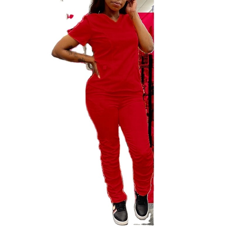 Anti-wrinkle Breathable Elastic Hospital Uniforms Short Sleeve Jogger Quick Dry Nursing Scrubs Women Ruffle Stacked Sets Scrubs