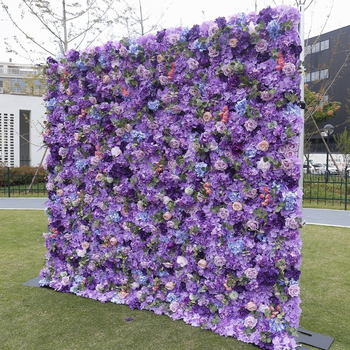 2023 Hot Sale 3D Purple cloth silk artificial flower wall backdrop wall Decorative Artificial Flower wall