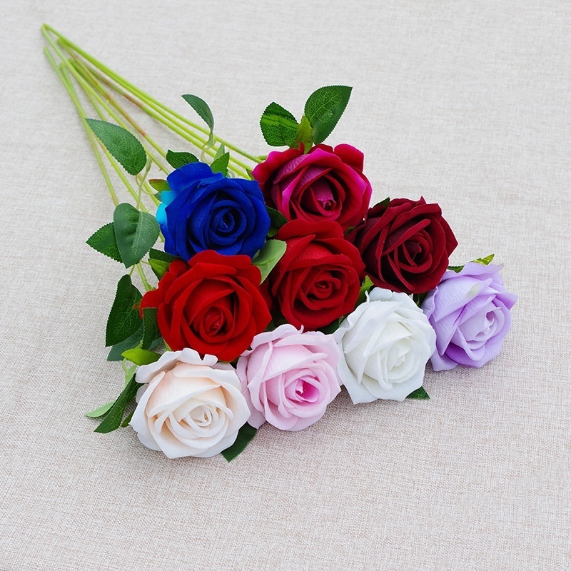 Artificial Flower Single Velvet Red Rose with Stem Flowers Roses for Wedding Party Decoration