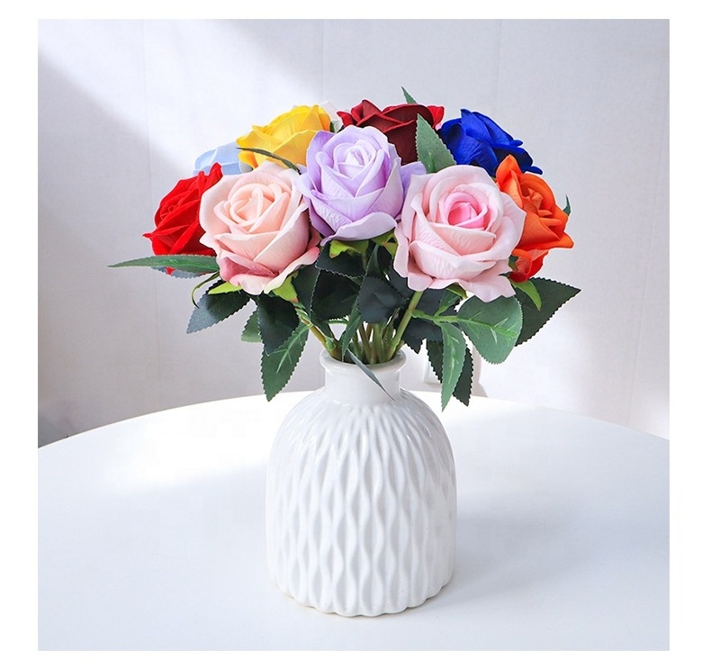 Artificial Flower Single Velvet Red Rose with Stem Flowers Roses for Wedding Party Decoration