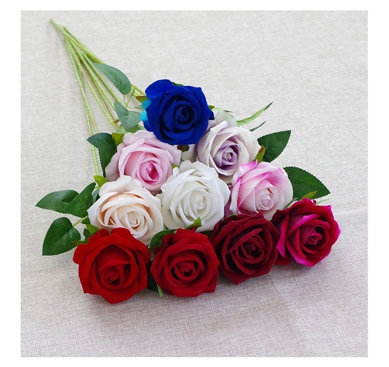 Artificial Flower Single Velvet Red Rose with Stem Flowers Roses for Wedding Party Decoration