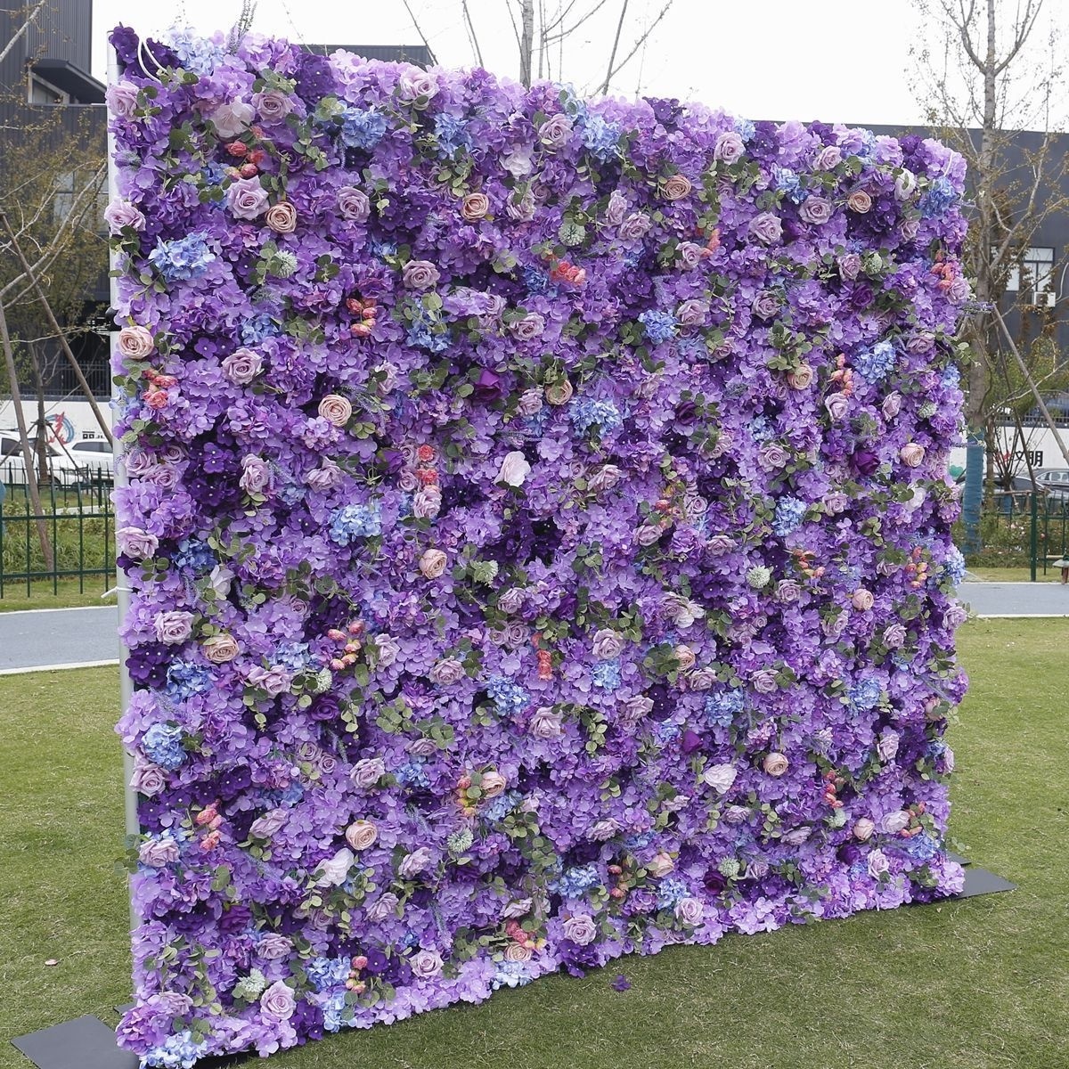 2023 Hot Sale 3D Purple cloth silk artificial flower wall backdrop wall Decorative Artificial Flower wall