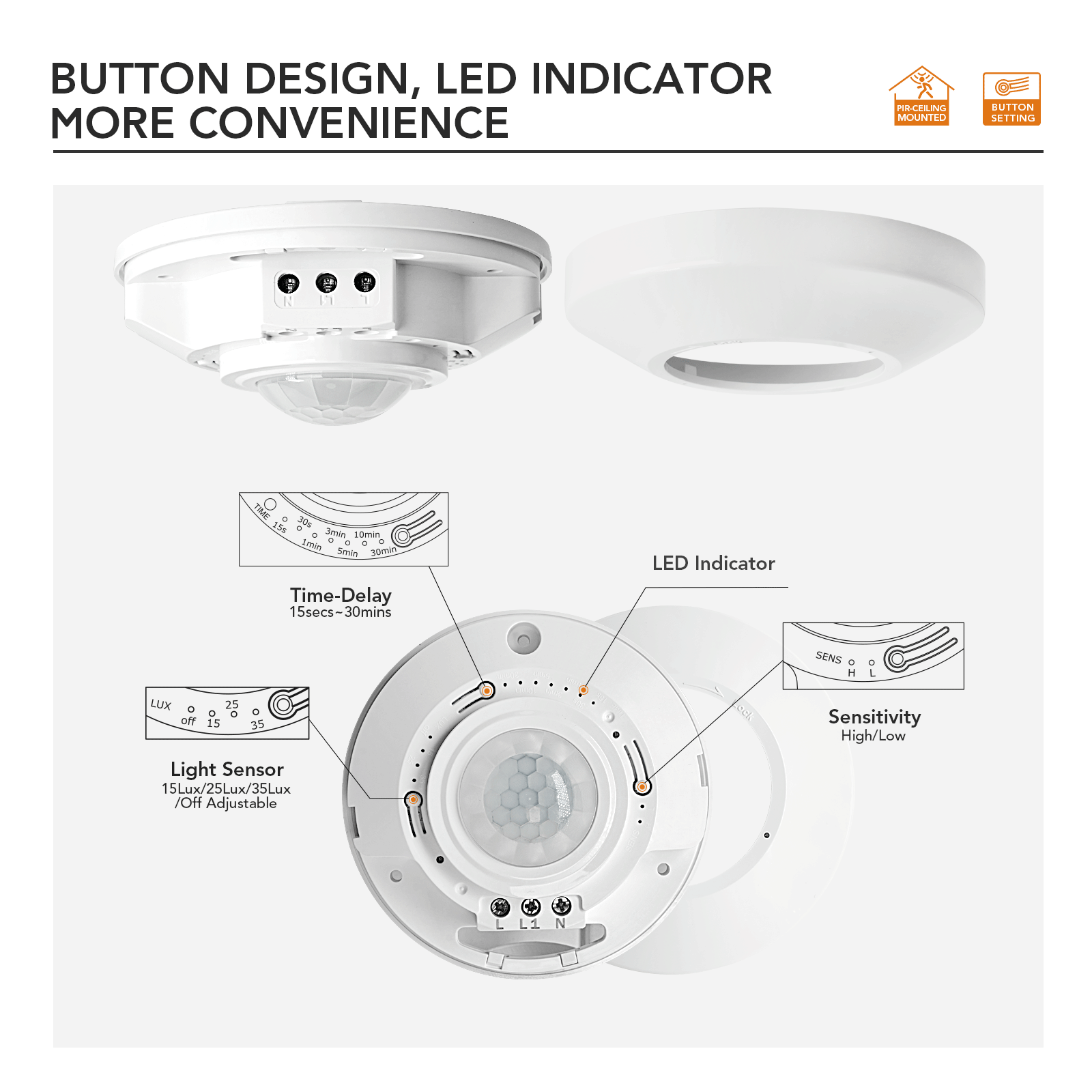 Factory delay time adjustable 360 angle detector PIR Surface Ceiling Mounted Motion Sensor Switch Fpr light control