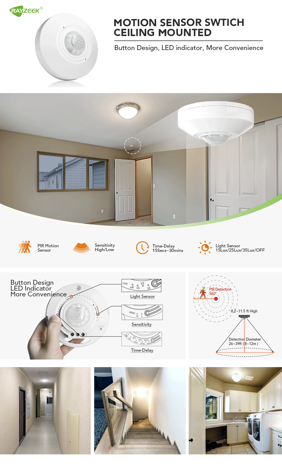 Fire resistant China occupancy ceiling and wall round infrared motion sensor light switch for indoor