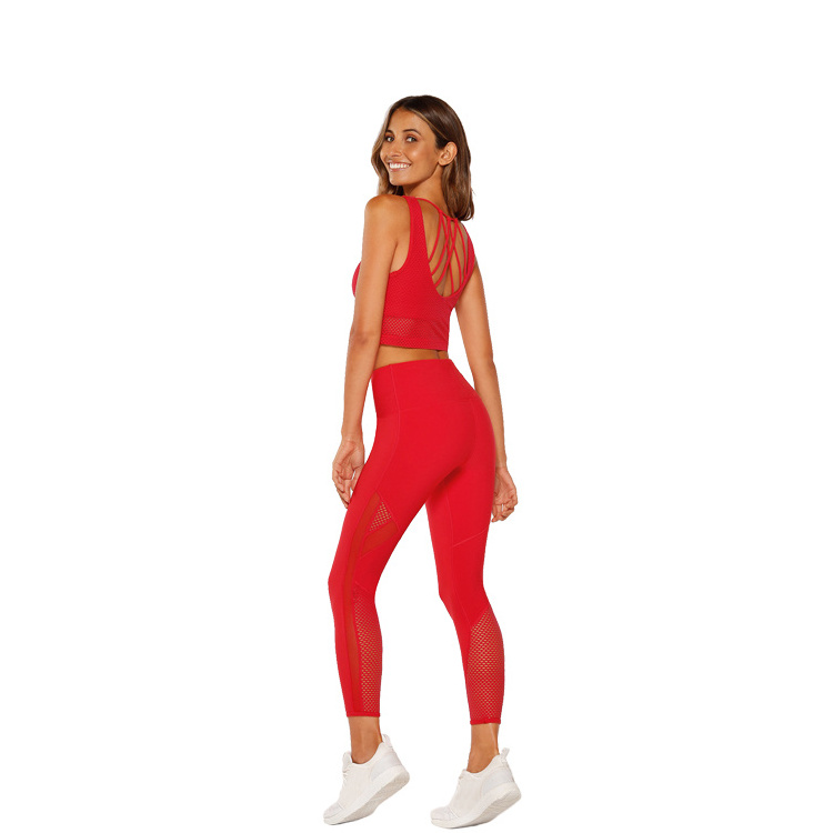 Red Tummy Control Mesh Design High Waist Fitness Nylon Spandex Yoga Leggings Pants With Double Sides Pockets