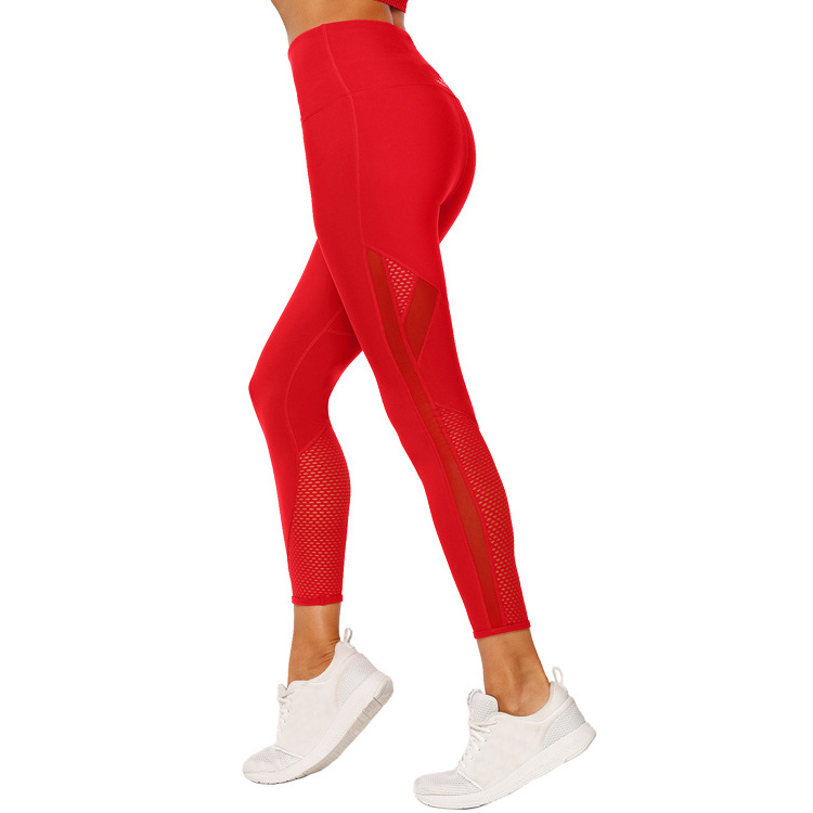 Red Tummy Control Mesh Design High Waist Fitness Nylon Spandex Yoga Leggings Pants With Double Sides Pockets