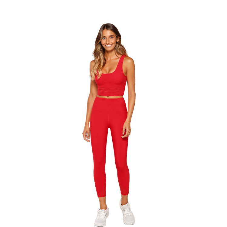 Red Tummy Control Mesh Design High Waist Fitness Nylon Spandex Yoga Leggings Pants With Double Sides Pockets