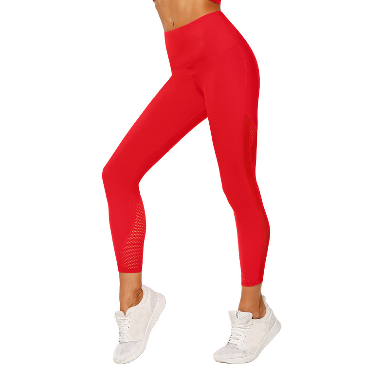 Red Tummy Control Mesh Design High Waist Fitness Nylon Spandex Yoga Leggings Pants With Double Sides Pockets