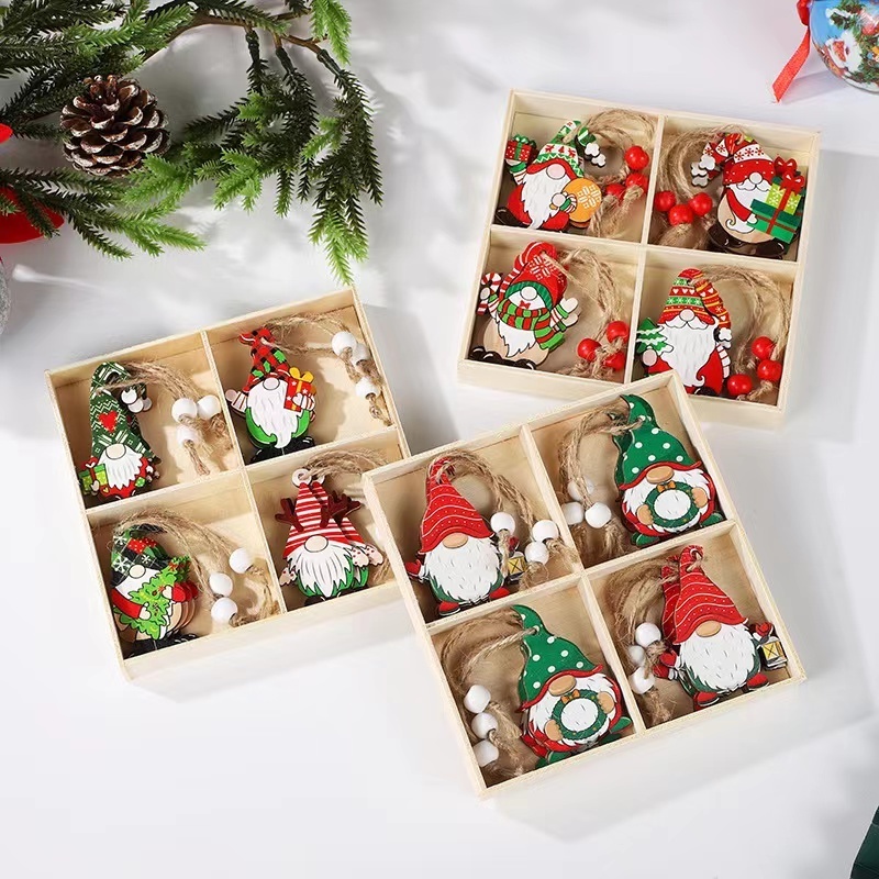 12 PCS Christmas Painted Wooden Pendant Santa Claus Gift Christmas Tree 12 Boxed Decorative Ornaments