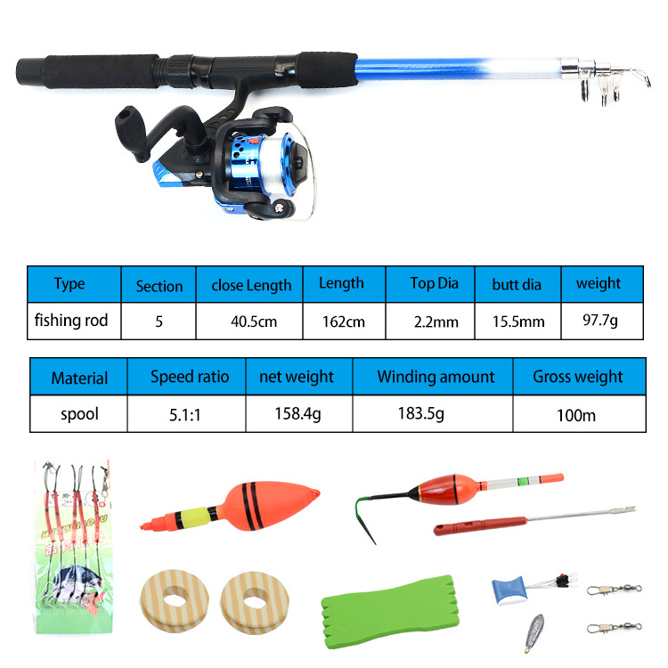 12pcs 1.8m Best Travel Portable Light Soft Fiberglass Spinning Telescopic Fishing Rod Set With Spinning Reel