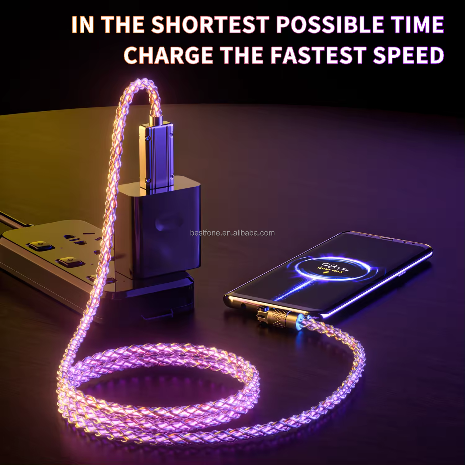 180 Degree Rotation Streamer LED Light Fast Charging USB Cable 120W 6A Multicolored LED RGB Light USB TYPE C cable