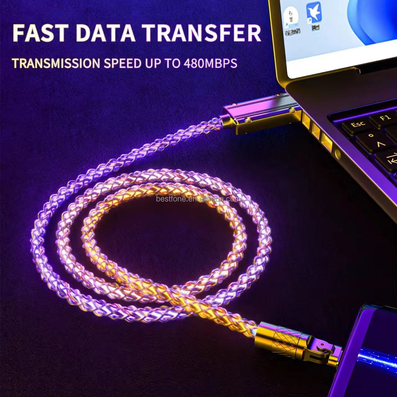 180 Degree Rotation Streamer LED Light Fast Charging USB Cable 120W 6A Multicolored LED RGB Light USB TYPE C cable