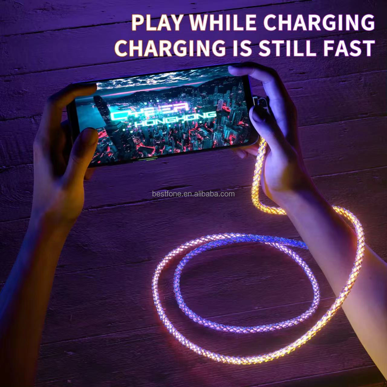 180 Degree Rotation Streamer LED Light Fast Charging USB Cable 120W 6A Multicolored LED RGB Light USB TYPE C cable