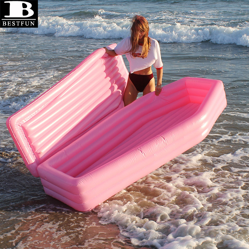 thickened PVC pink inflatable coffin poolf float durable plastic blow up water swimming lounger toys for adults