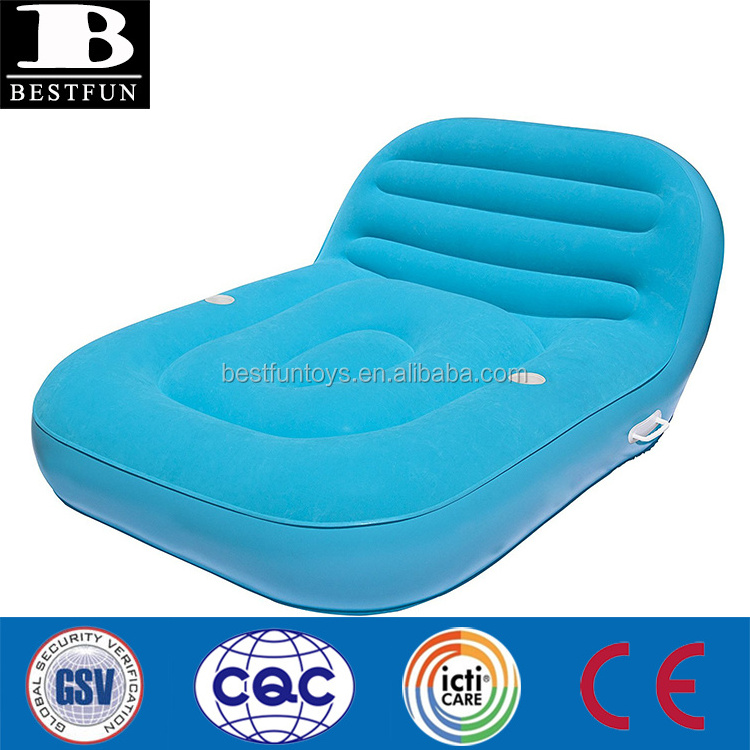 factory flocked inflatable double chaise lounge durable flocking pool lounger water island blow up beach sun recliner sofa