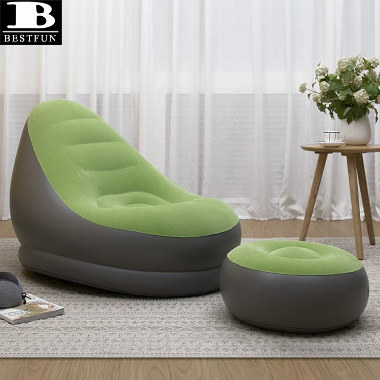 flocking green inflatable lounge chair with ottoman folding portable blow up chaise air lazy sofa set