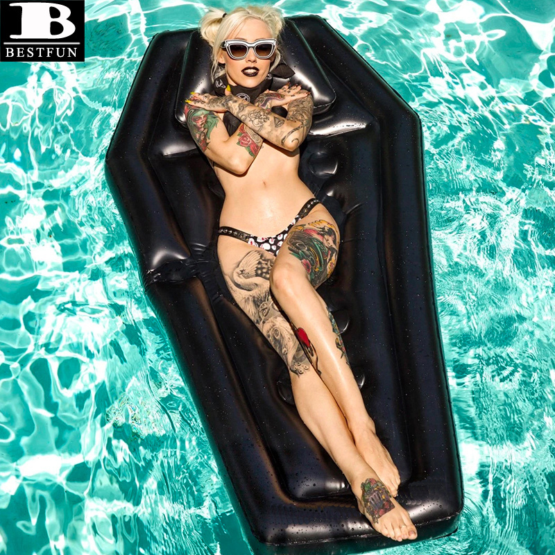 thickened PVC inflatable black coffin pool float durable plastic adults swimming lounge island floating toys