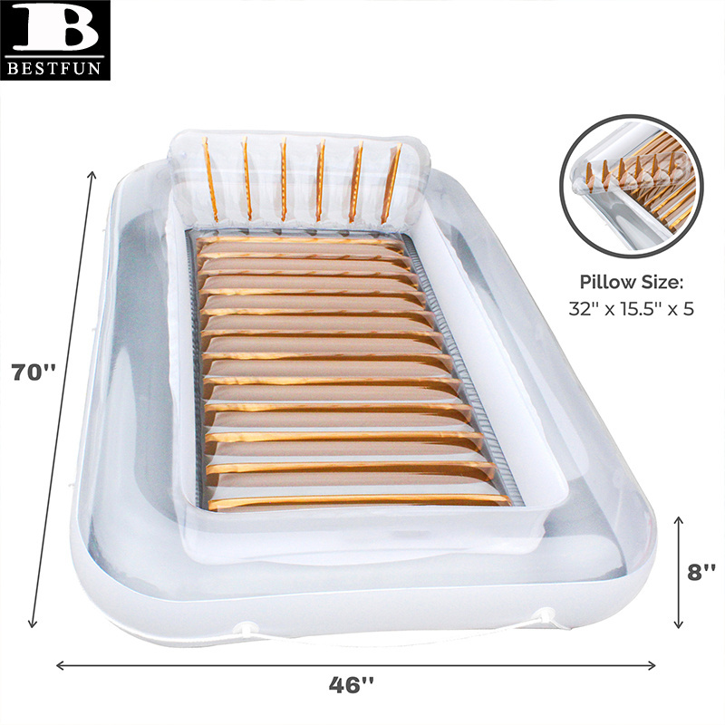 factory customized PVC golden inflatable suntan tub floating lounger plastic tanning pool hybrid lounge float with pillow